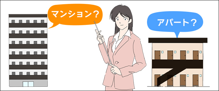 アパートとマンションの違いを説明する女性のイメージイラスト